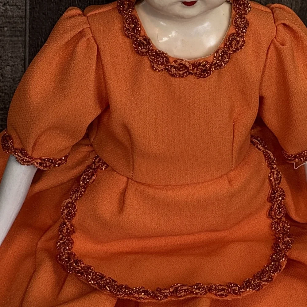 Vintage German Porcelain Doll‎ Orange Dress Hand Painted Face AS IS